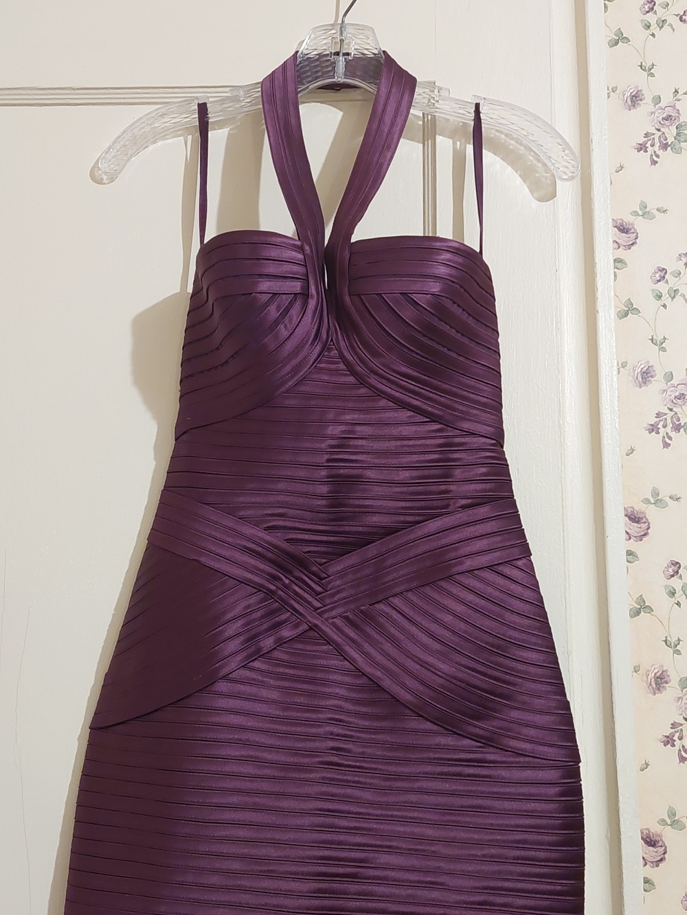 BCBGMaxAzria Plum Pleated Halter Sheath Dress